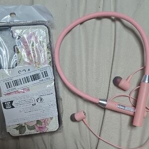 Pink Wireless Earphones with Floral Phone Case S24